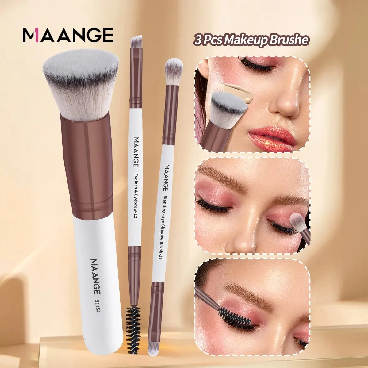 MAANGE 3pcs Makeup Brushes Set Foundation Concealer Brush Eyelashes Brush Eyeshadow Brush